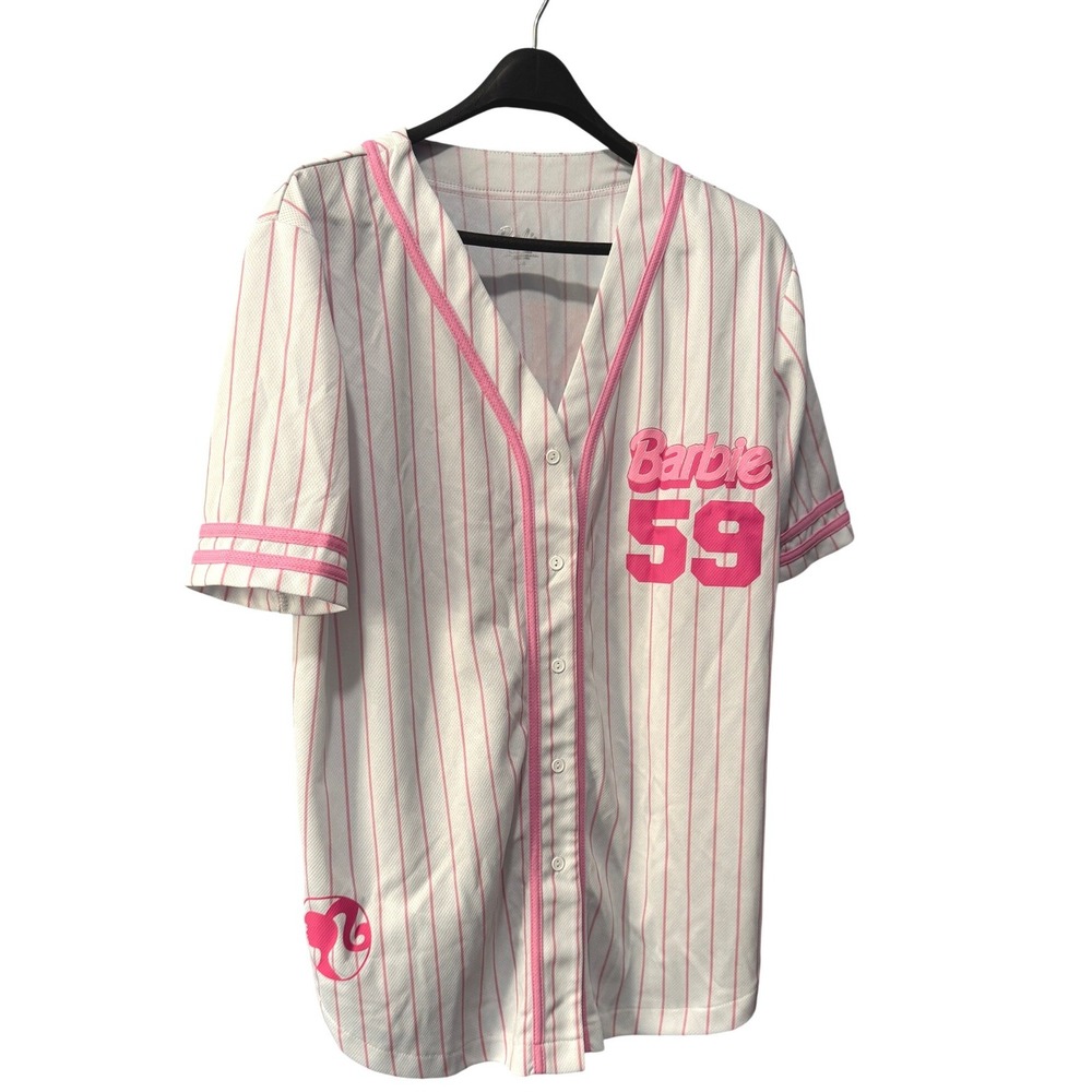 Barbie Malibu 59 Baseball Jersey White Pink Pinstripe Mesh Button Up Large